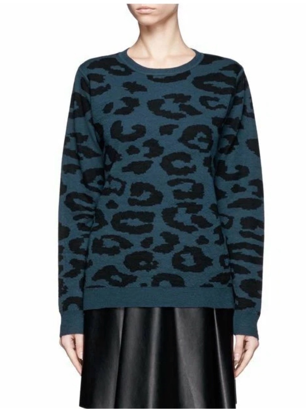 A.L.C. Teal and Black Leopard-Print Crewneck Sweater